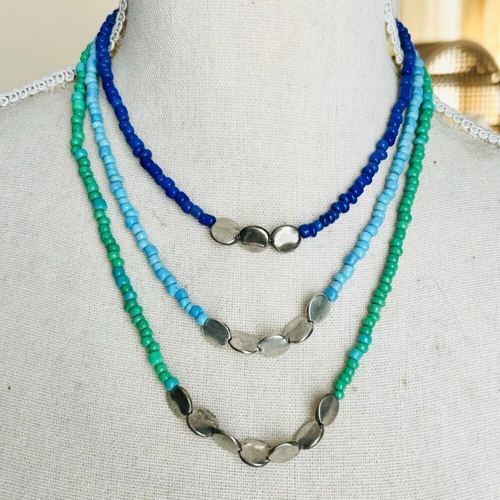 Handcrafted Set of 3 Blue Turquoise Green Silver Beads Necklaces